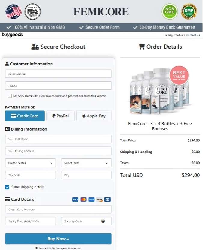 FemiCore Secure Order Page — Checkout