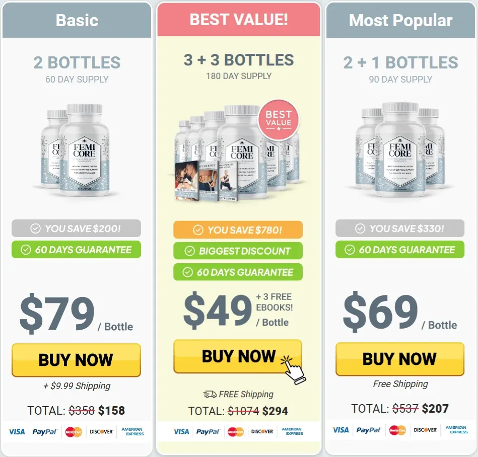 FemiCore Pricing — 1, 3 or 6 Bottle Packages
